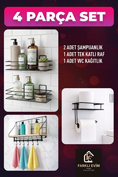 farklı evim 4 Piece Bathroom Set Shampoo Holder Shelf Wc Paper Holder Bathroo...