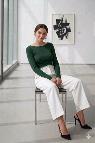 CAST COLLECTİON Γυναικεία Σκούρα Πράσινη Μπλούζα με Μακρύ Μανίκι και Λαιμόκοψ...