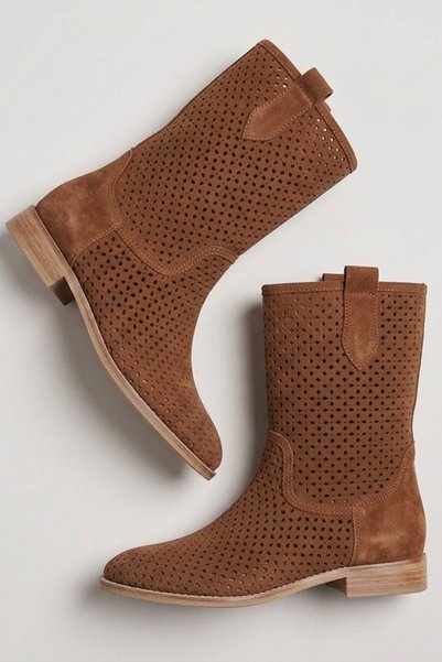 Generic Brand Mellow Women's Suede Low Heeled Tan Summer Boots, Perforated Summer Women's Booties