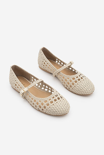 Marjin Women's Hand-Knitted Strappy Mary Jane Daily Ballet Flats Olisa Beige