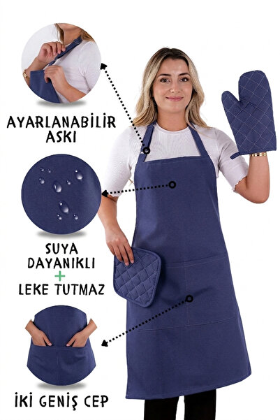 sevilya Simple 3'lü Set Ayar Askılı Mutfak Önlüğü Seti (ELDİVEN, TUTACAK)