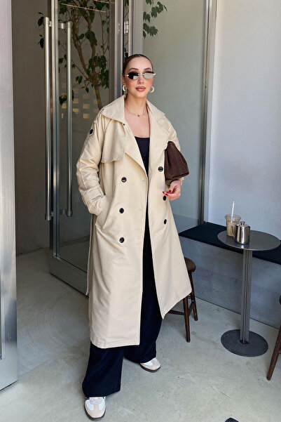 LOCCO Γυναικεία κρεμ ομορφιάς με επωνυμία, διπλό στήθος, γιακά και ζώνη, μήκο...