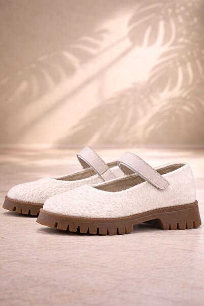 Rakerplus Кремави плюшени балеринки за момичета с дебела подметка и велкро за...