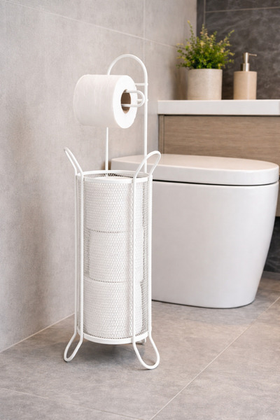 ANGDESİGN Μεταλλική βάση για ρολό τουαλέτας με καλάθι - ΛΕΥΚΟ •• Βάση ρολού τ...
