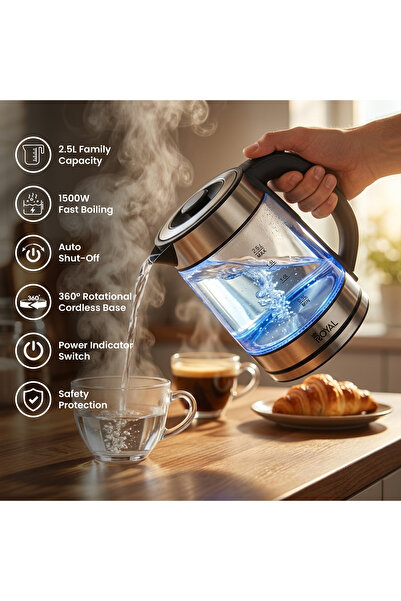 Royal Appliances غلاية كهربائية زجاجية سعة 2.5 لتر، إيقاف تلقائي، تسخين سريع 1500 واط، دوران 360 درجة °   قاعدة لاسلكية، فضية اللون، طراز RA-EK2053