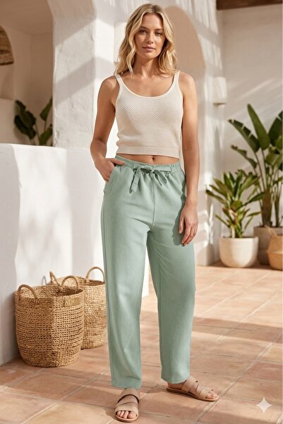 Cassime Çağla Green Linen - Γυναικείο παντελόνι καρότο με ζώνη και τσέπες