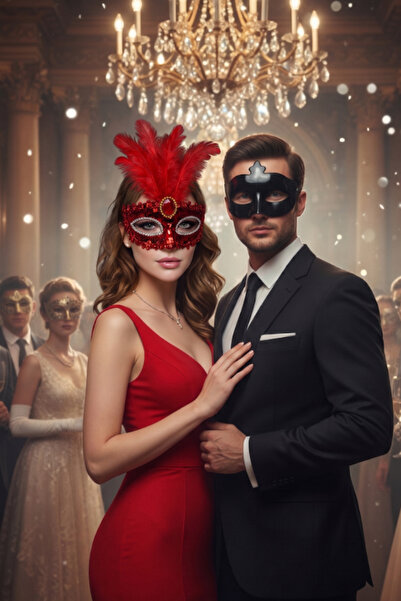 shop İkili Lüks Balo Maske Seti - Kırmızı Payetli ve Büyük Tüylü Kadın Maskes...