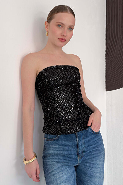 VERYMODA Strapless Sequin Blouse with Back Zipper - Black |   F2056