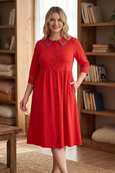 ROMEO LİFE Γυναικείο φόρεμα με Βαμβάκι κουμπιά / Κόκκινο - 8019