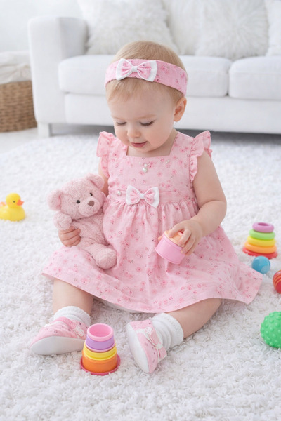 Babydola Kız Bebek Elbise Patik Bandana Çorap Külot Bayramlık Kutulu 5'li Set...