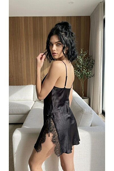 dedo Women's Black Slit Satin Nightgown