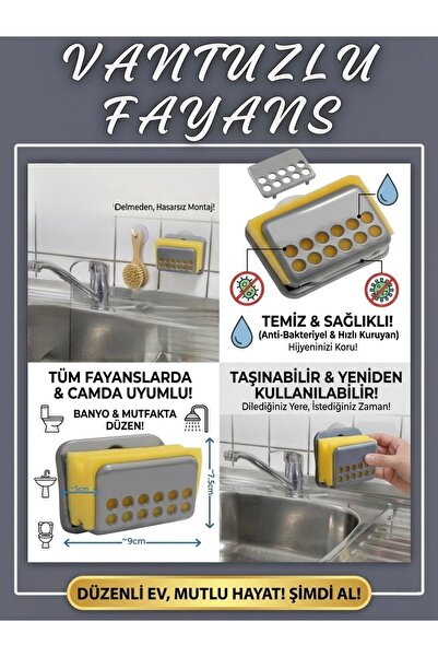 Keskon Στήριγμα για σφουγγάρι πιάτων – Θήκη νεροχύτη με αυτοκόλλητη βεντούζα,...