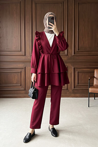 MODAQU Σετ παντελόνι με βολάν με κορδόνια - Claret Red