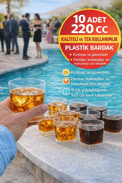 Open Home Concept 10'lu Set Viski, Meşrubat Kare Plastik Bardak – 220 cc