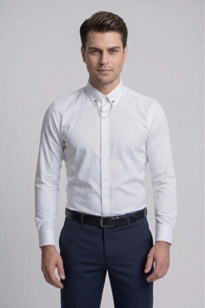 Efor Slim Fit Doku Desenli Yaka Zincirli Beyaz Gömlek GK 629