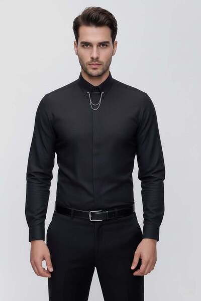 Efor Slim Fit Doku Desenli Yaka Zincirli Siyah Gömlek GK 629