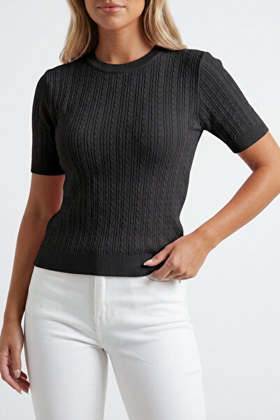 Abruzzo Black Crew Neck Short Sleeve Knitwear Sweater Slim Fit Hair Knit Patt...