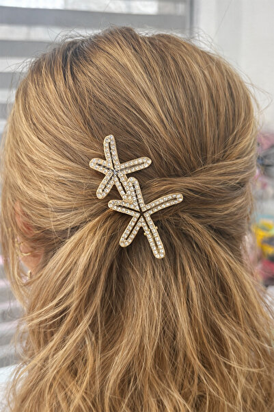 Modex Πλαϊνή πόρπη αστερίας σε χρυσό χρώμα με πέτρες (Μέγεθος: 7 εκ.)