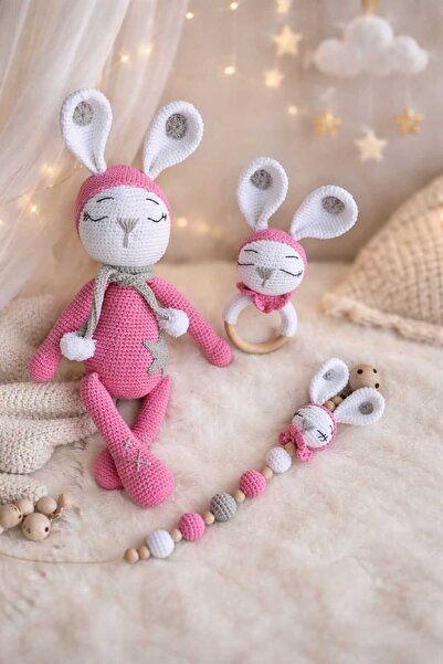 kelebeginruyasihobievi Amigurumi Uyku Arkadaşı Pembe Uyuyan Tavşan Zoe, Çıngı...