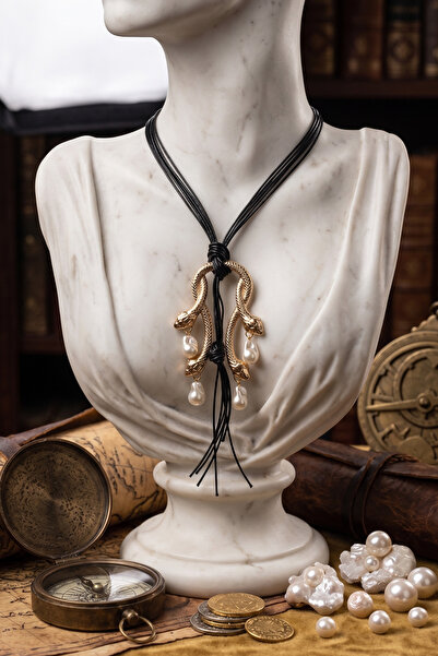 PETEK AKSESUAR 4-Headed Pearl Snake Skin Rope Long Necklace