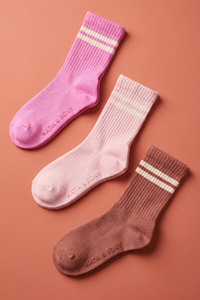 Katia&Bony Συσκευασία με 3 ριγέ κοριτσίστικες κάλτσες με ροζ σχέδιο