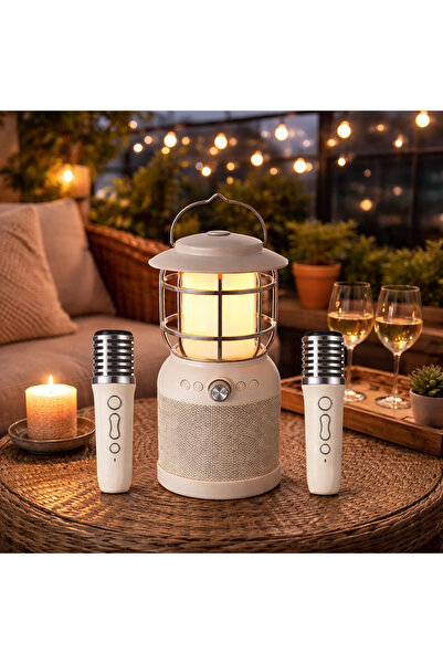 TRio Life Kamp Lambası Karaoke Speaker Bluetooth Hoparlör 2 Mikrofonlu Krem