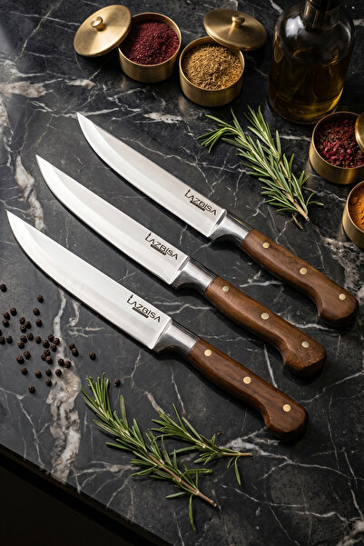 LAZBİSA Hand Craft Mutfak Bıçak Seti Et Ekmek Sebze Bıçağı 3 Lü Set Günlük Ku...