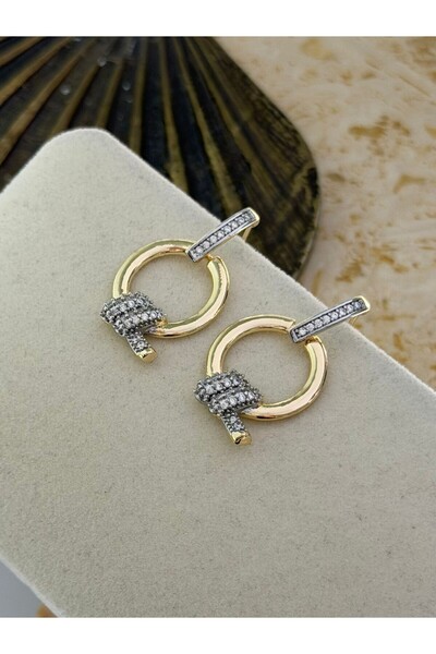 MyladyAccessoriess Sallantılı Çift Renk Ve Zirkon Taş Detay Küpe (Pirinç Kapl...