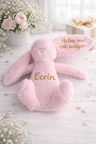 TİNYKEEPS Kişiye Özel İsim Baskılı Peluş Tavşan-Bebek Hediyesi-Yenidoğan