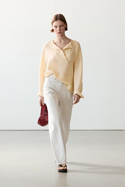 Massimo Dutti Önlük detaylı dökümlü keten bluz