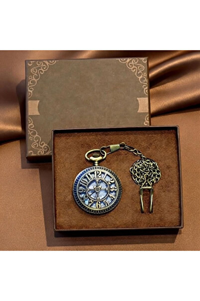 Store Rakamlı Kutulu Metal Köstekli Cep Saati Zincirli Klasik Vintage Saat