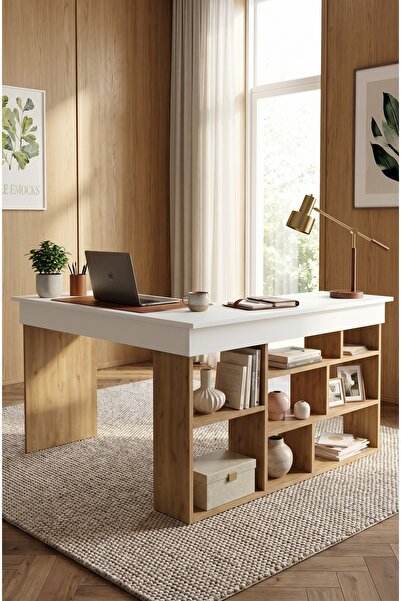 Yurudesign Tywin Kitaplık Raflı Çalışma Masası Sepet-Beyaz CT5-SW
