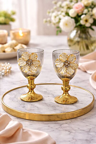 YzHome 2 Li Cam Lotus Kahve Yanı Bardak Bardak Gold Kaplama 75ml