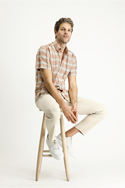 Kiğılı Κοντό μανίκι κανονική εφαρμογή καρό αθλητικό βαμβακερό πουκάμισο με γι...