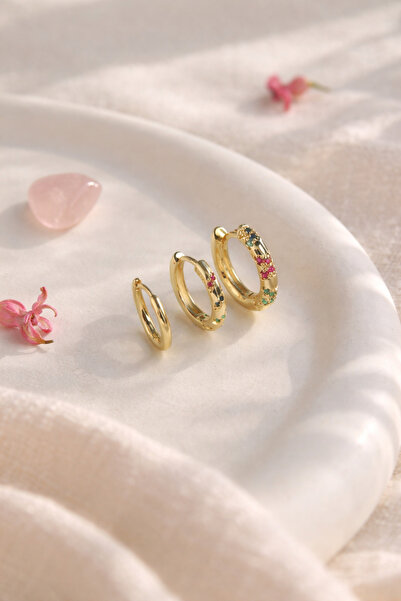 Sacce Scarves&Accessories Renkli Zirkon Taşlı Halka 3'lü Set Küpe