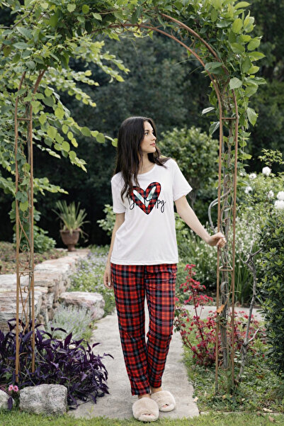 rindahomewear Γυναικείο σετ πιτζάμες με καρό σχέδιο Milan Heart με κοντό μανίκι