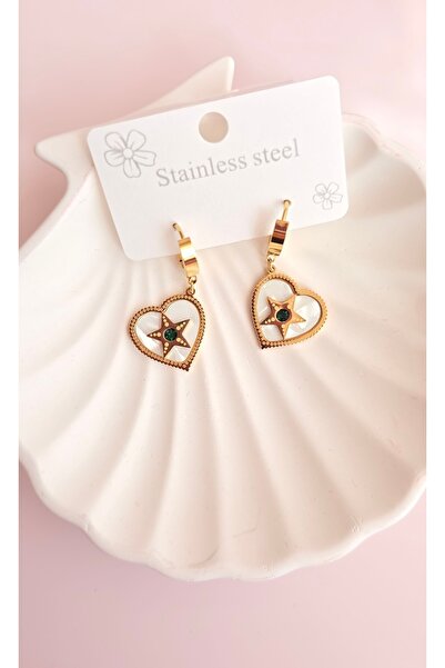 MİLUNXTE Gold Color Heart and Star Detailed Green Stone Steel Dangle Earrings...