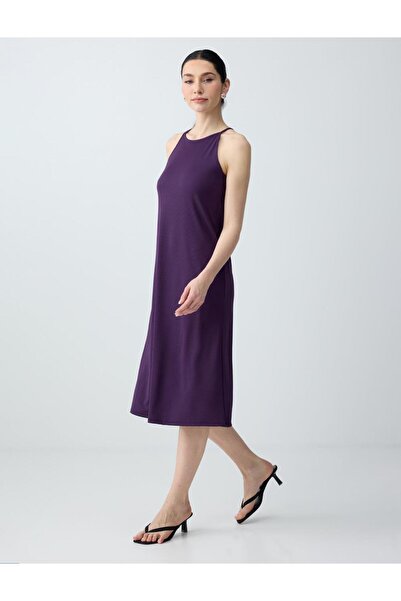 Jimmy Key Μωβ Πλεκτό Φόρεμα με Λαιμόκοψη Τύπου Ποδηλάτου, Αμάνικο, Χαλαρή Γρα...