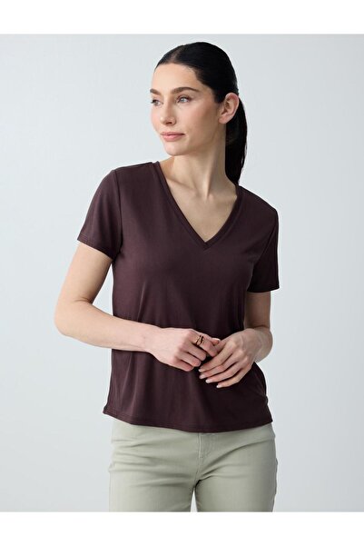 Jimmy Key Καφέ πλεκτό μπλουζάκι με κοντό μανίκι με λαιμόκοψη σε σχήμα V