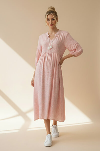 Pitti Γυναικείο ροζ λευκό φόρεμα με τραγανά λουλούδια και φούντες, με μακριά ...