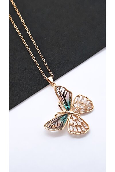 Serenity Butterfly Figured Transparent Colored Wing Steel Necklace