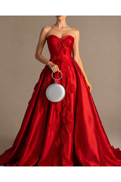 NAZART Γυναικείο Σατέν Ασημί Στρογγυλό Βραδινό Φόρεμα Clutch Τσάντα Portfolio