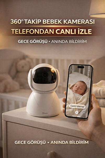 Divex Akıllı Bebek Kamerası Mobil İzleme 360° Takip, Full HD WiFi Akıllı Güve...