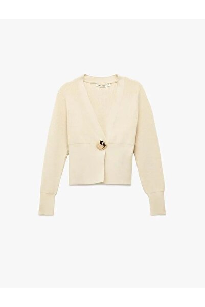 Koton Women's Clothing Long Sleeve V-Neck Accessory Button Detail Knitwear Ca...