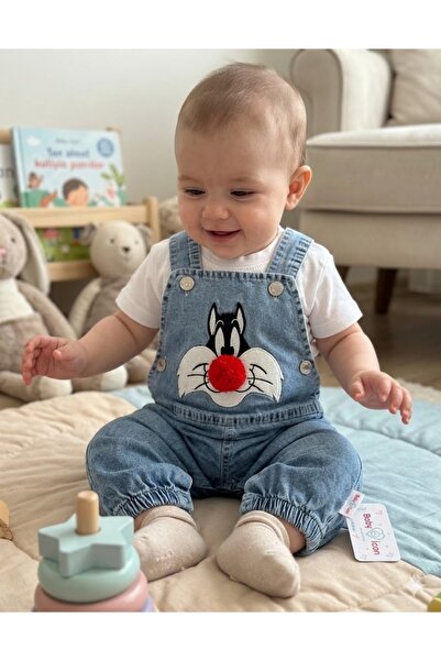 Momivi Kids Nakışlı Erkek Bebek Kot Salopet Kırmızı Ponpon Detaylı Bahçıvan T...