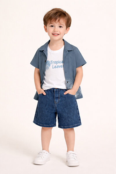 İray Καλοκαιρινό Σετ Πουκάμισο T-Shirt Σορτς Συνδυασμός με Τροπικό Σχέδιο Άνε...