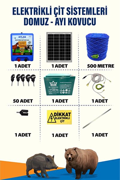 ATLAS ÜRÜNLERİ 500mt 1-5 Dönüm Ayı Kovucu Elektrikli Çit Sistemi Kapı Yaylı 2...