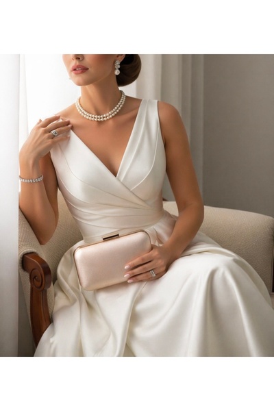 NAZART Γυναικείο υφασμάτινο βραδινό φόρεμα σε σκόνη Clutch Portfolio Γυναικεί...