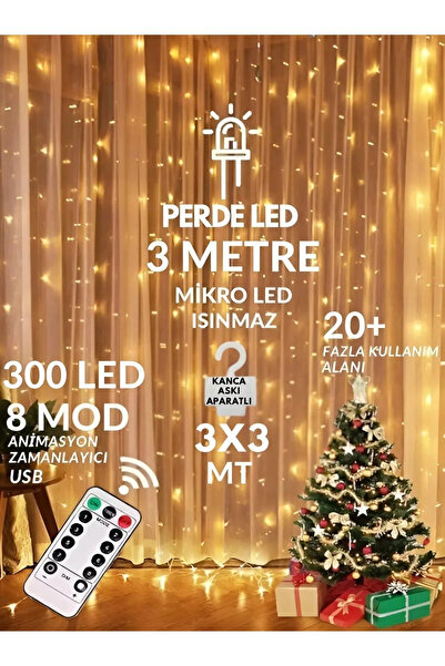 TEYİN AKSESUAR 300 Ledli 10 sarkıtlı uzaktan kumandalı 8 fonksiyonlu sarı per...