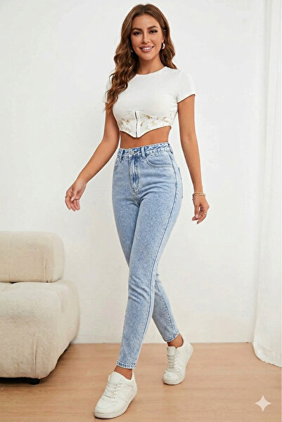 WODDİ Astrid Women's Ice Blue Snow Wash Jeans Boyfriend Mom Jeans High-Waiste...